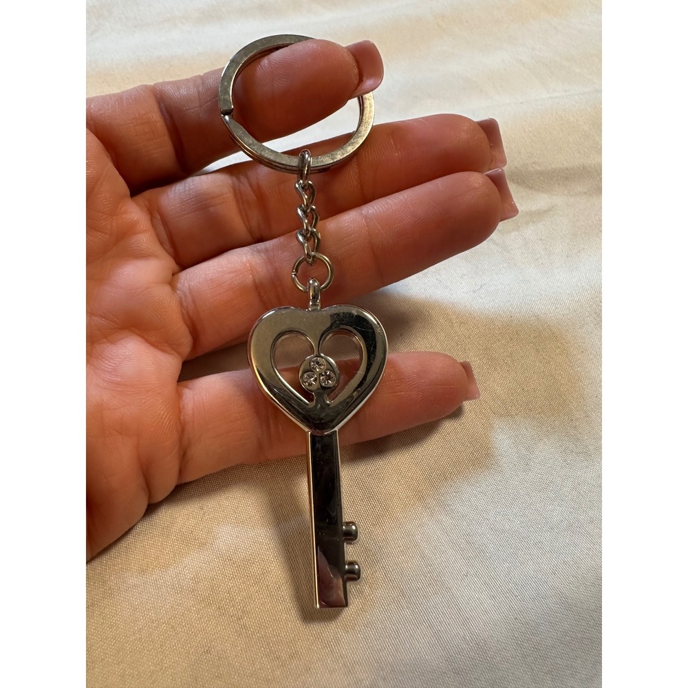 Silver Tone Heart Skeleton Key Keychain Rhinestone Accent Bag Charm 4.5 Inch